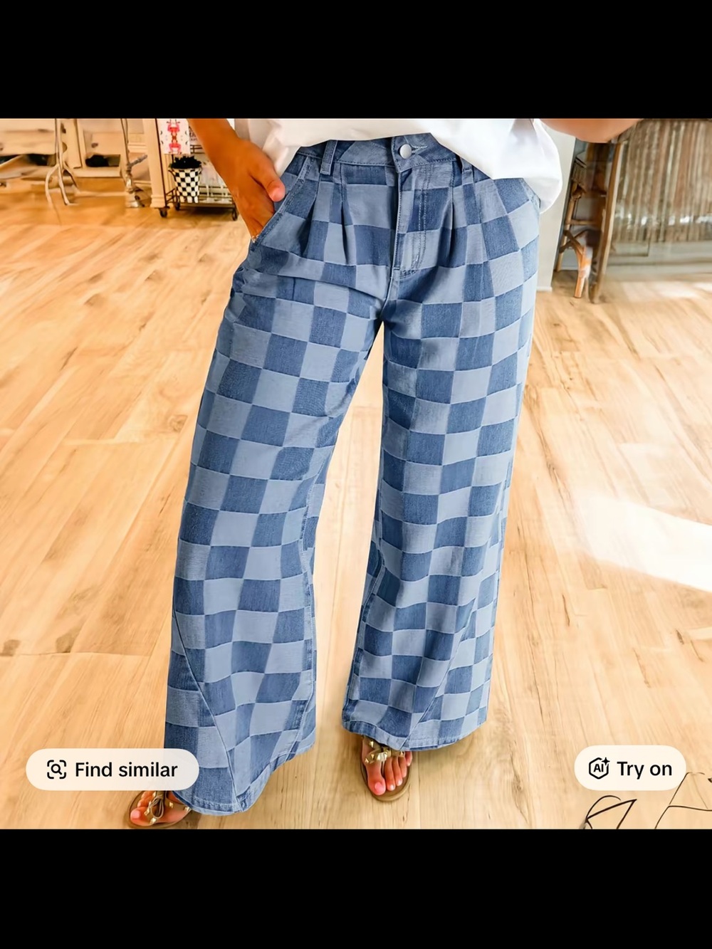 Checkerboard Wide-Leg Jeans - Blue